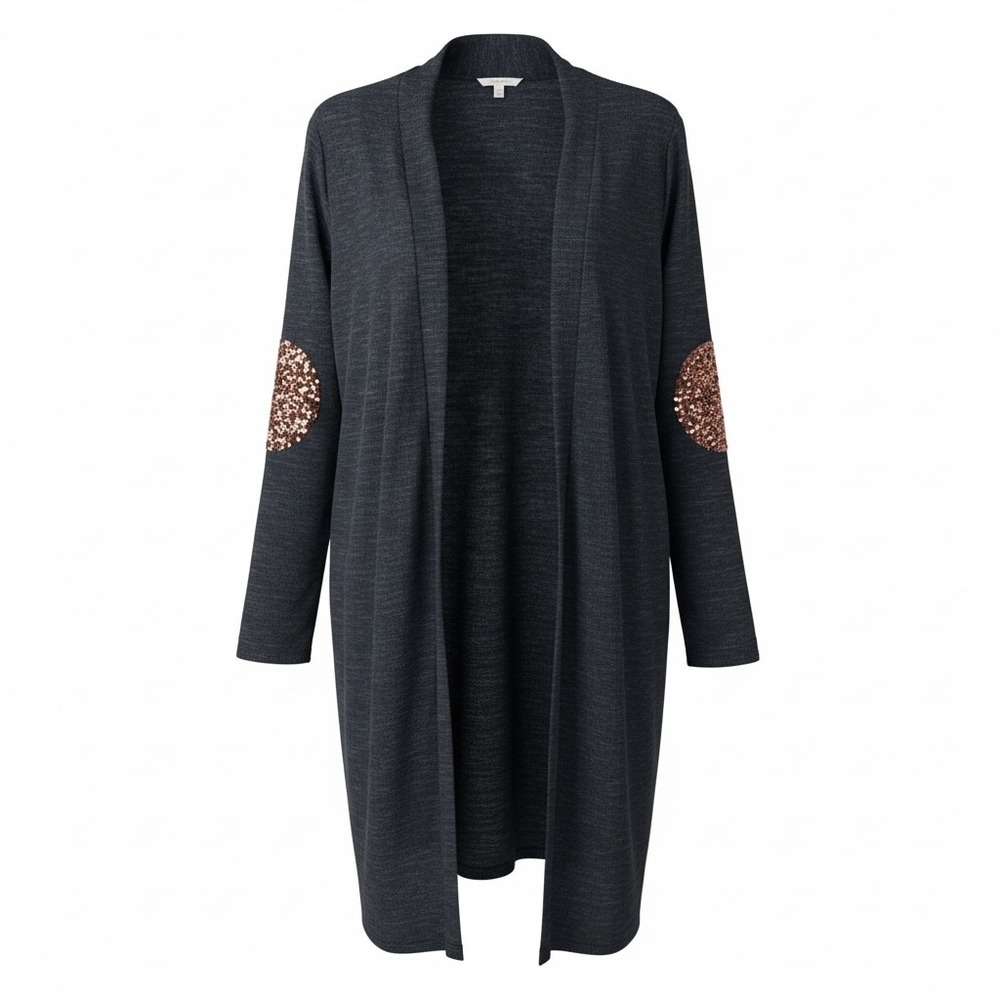 Pink Blush Long Open Cardigan L Dark Blue Gold‎ Sequin Elbow Patch Sweater